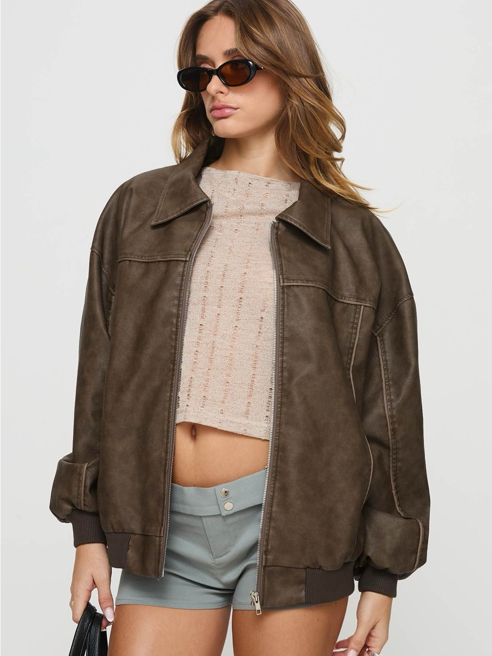 Princess Polly Goldsmith Faux Leather Bomber Jacket Washed Dark Brown Size 6 NWT